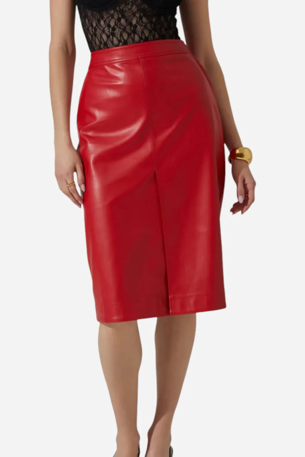 ASTR Ladonne Faux Leather Midi Skirt in Red