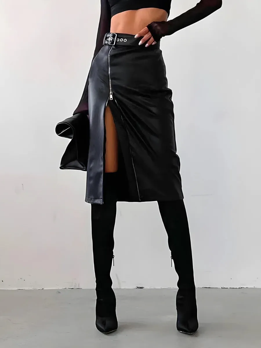 Baddie Zip Up Slit Midi Pencil Skirt