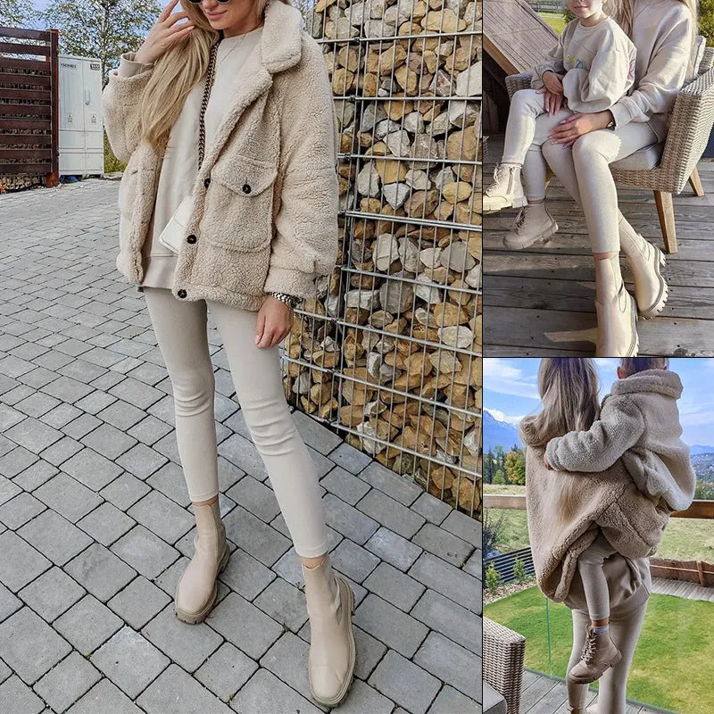 Beige Collared Teddy Wool Fur Coat Jacket