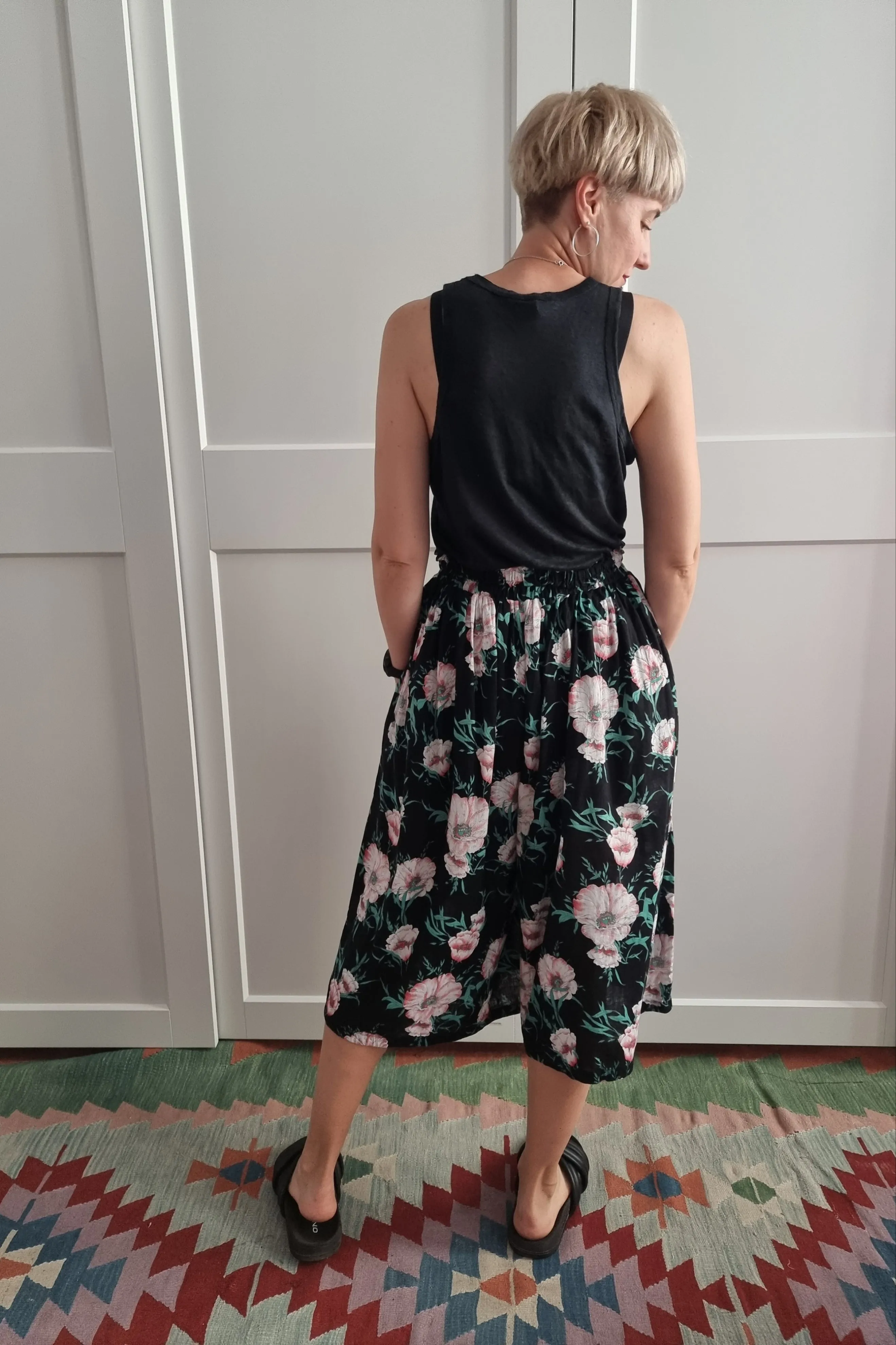 Black Cotton and Linen Blend Spring/ Summer Culottes with Beautiful Flower Print. Perfect for Active Beauty Loving Woman