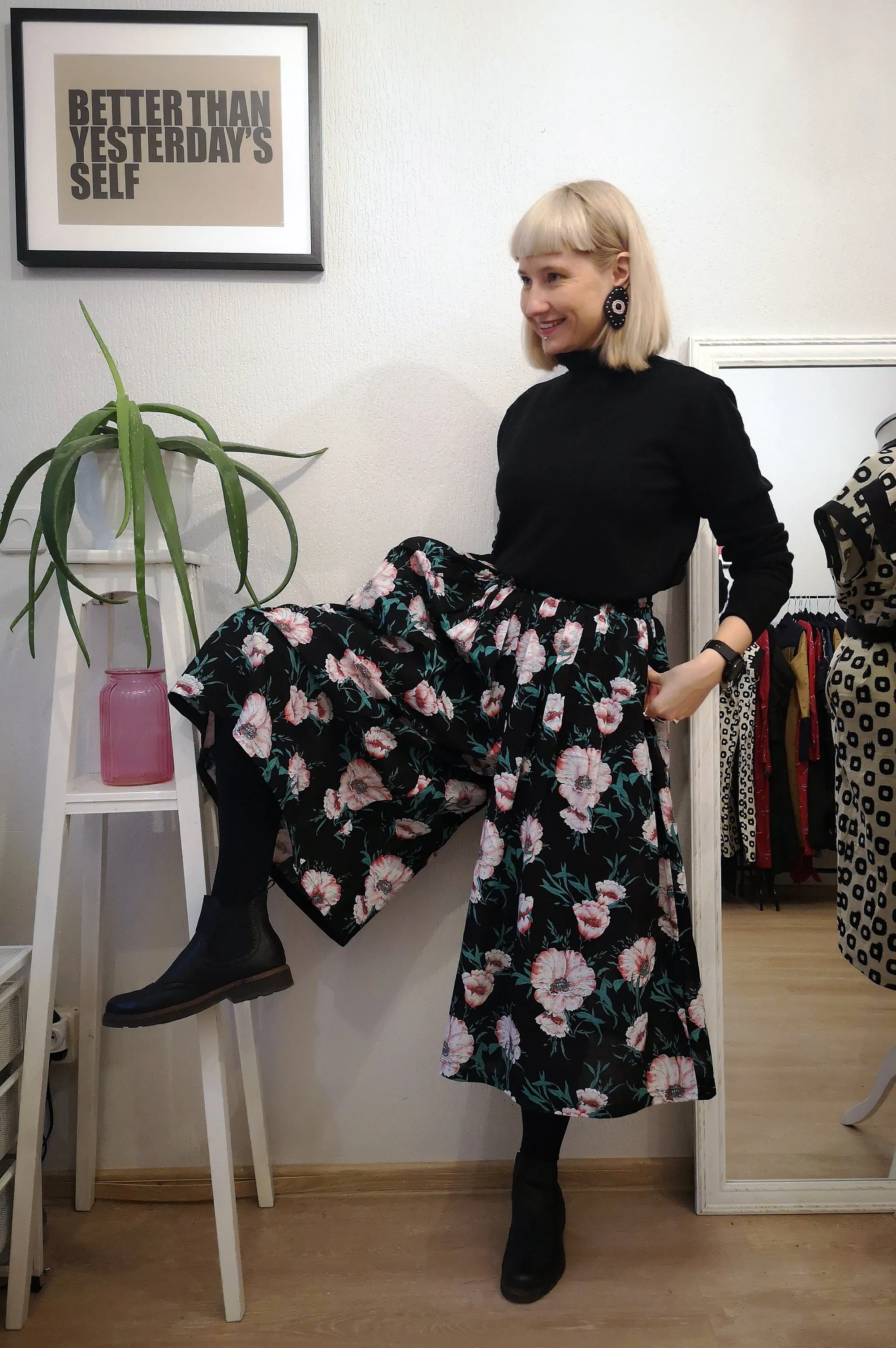 Black Cotton and Linen Blend Spring/ Summer Culottes with Beautiful Flower Print. Perfect for Active Beauty Loving Woman