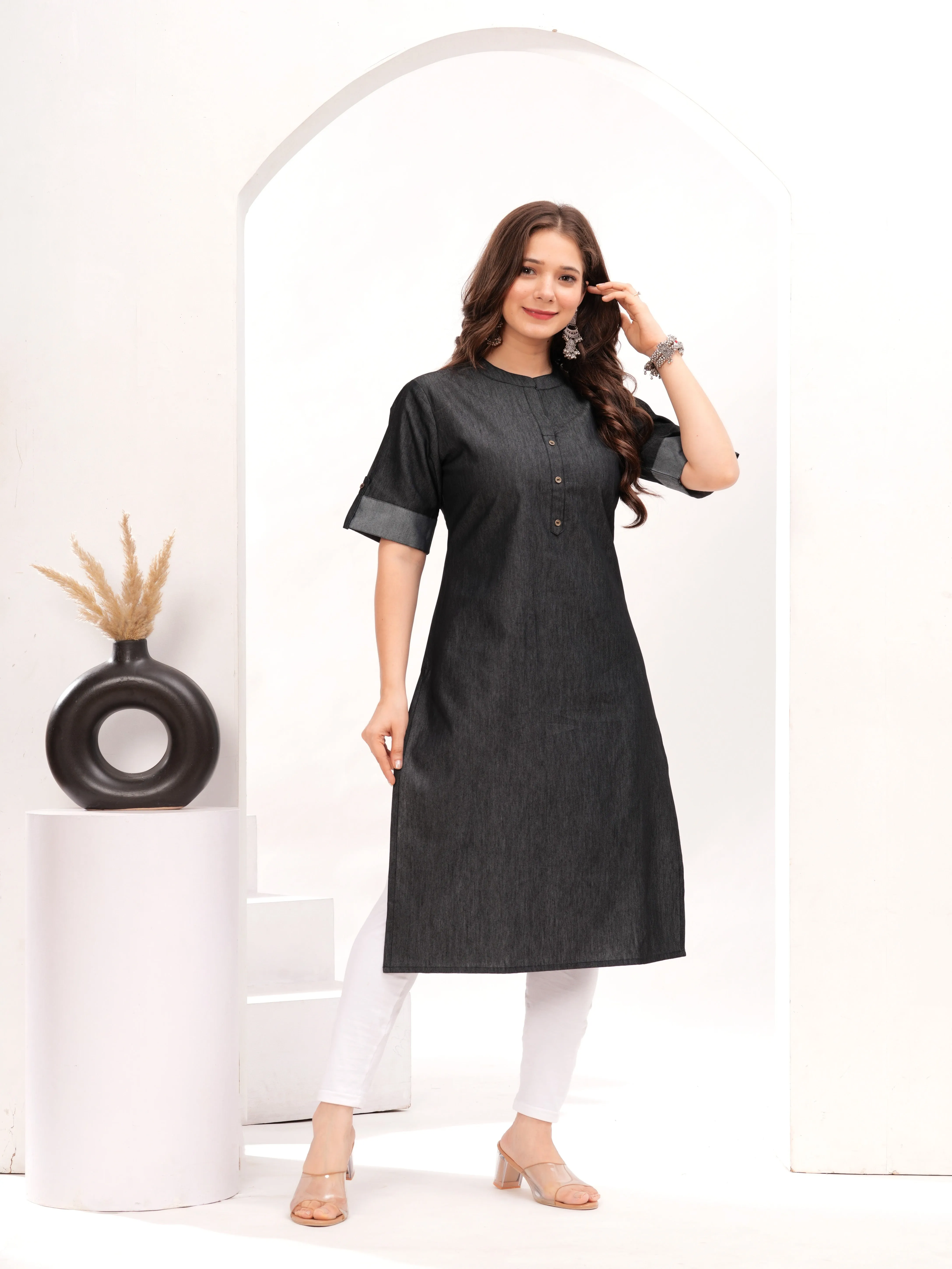 Black Cotton Blend Straight Denim Kurti