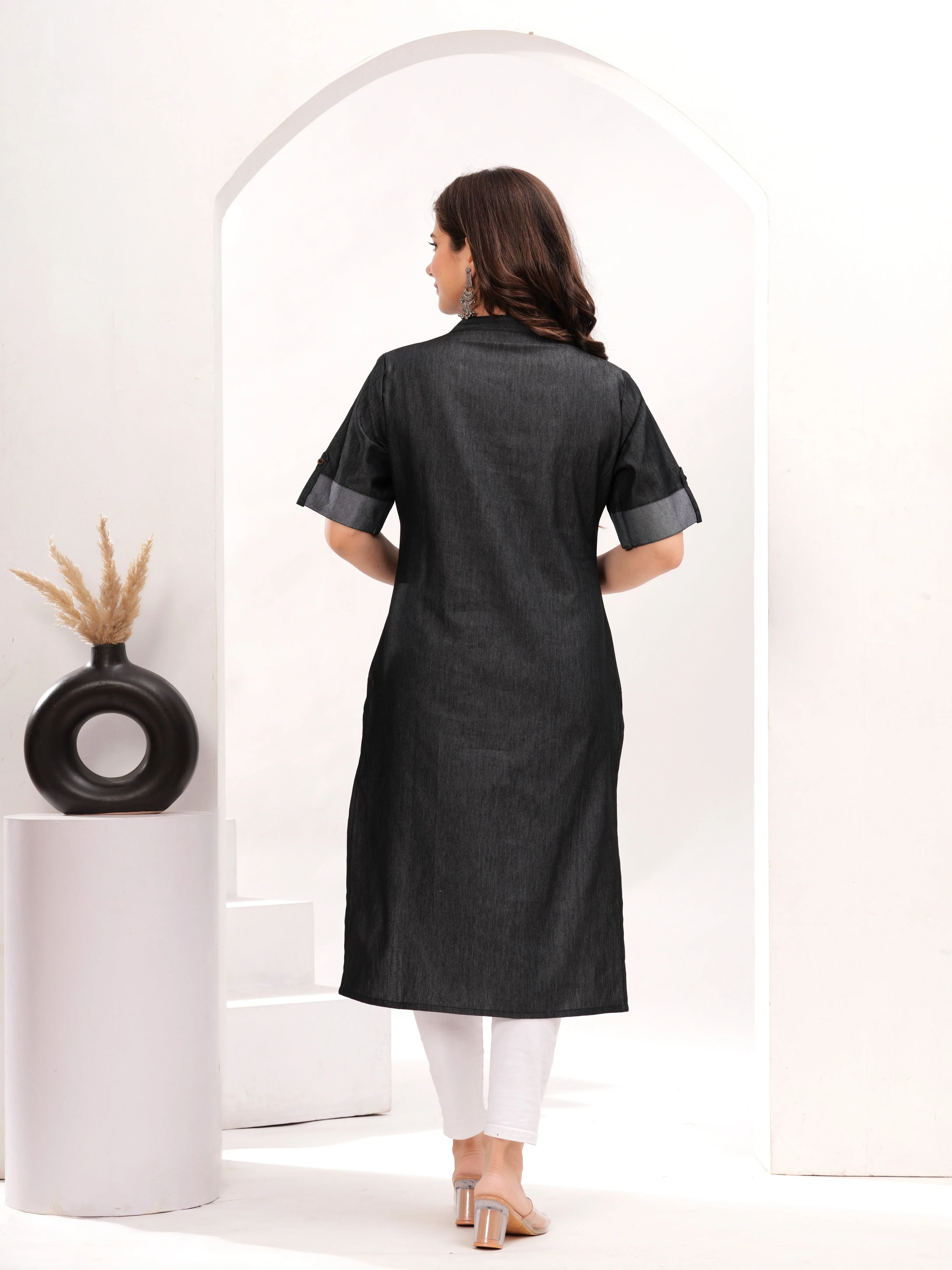 Black Cotton Blend Straight Denim Kurti