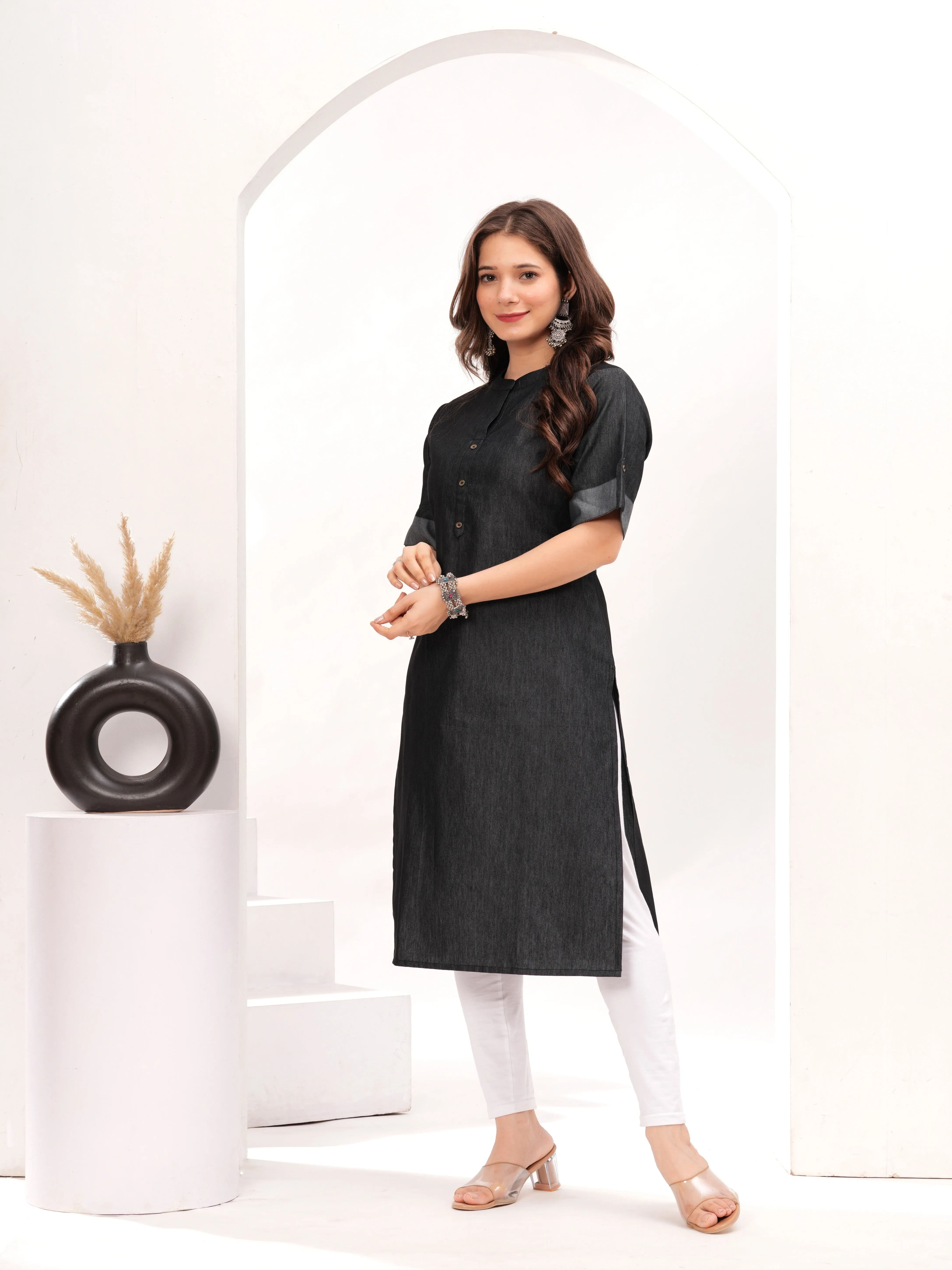 Black Cotton Blend Straight Denim Kurti