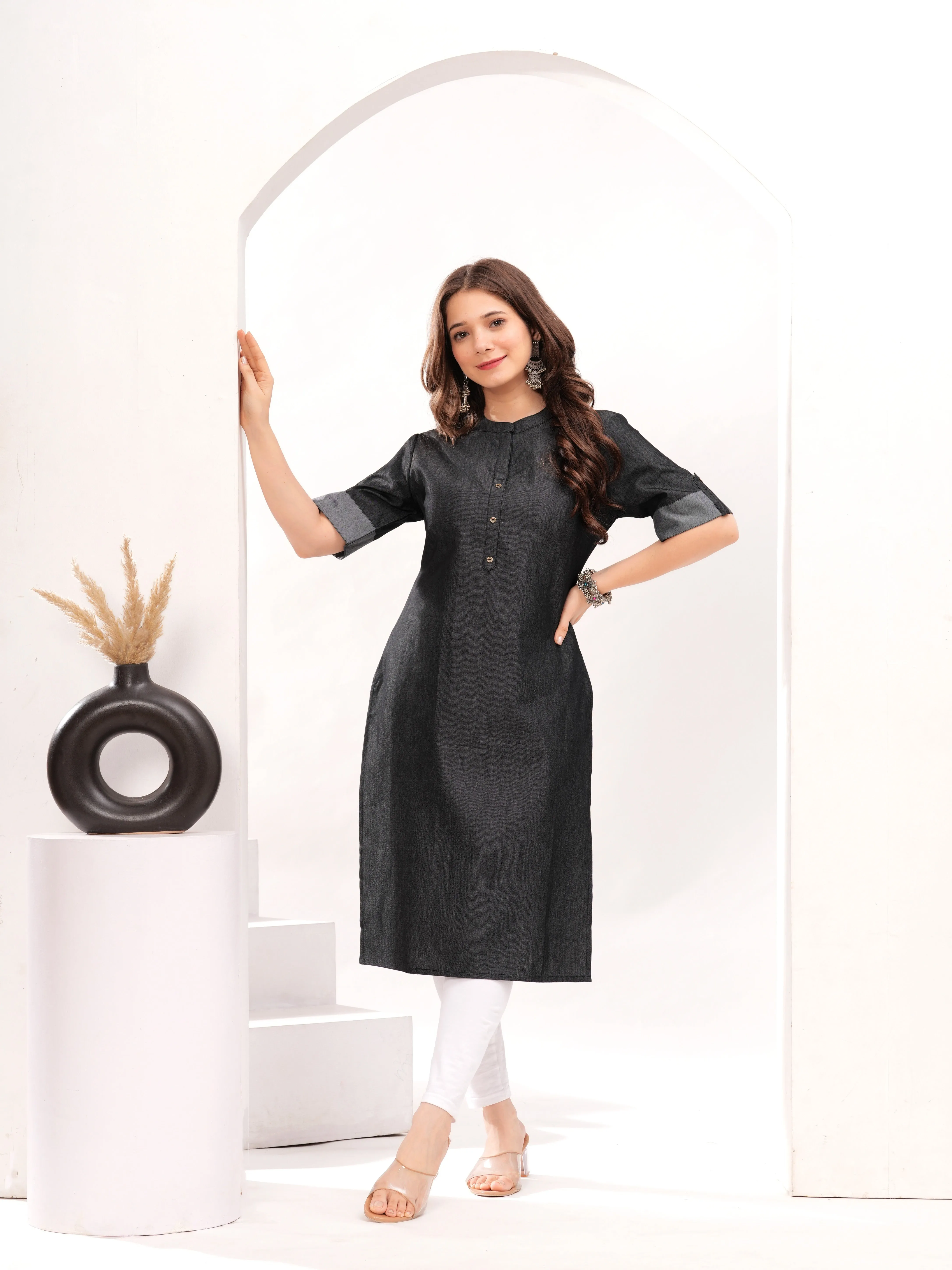 Black Cotton Blend Straight Denim Kurti