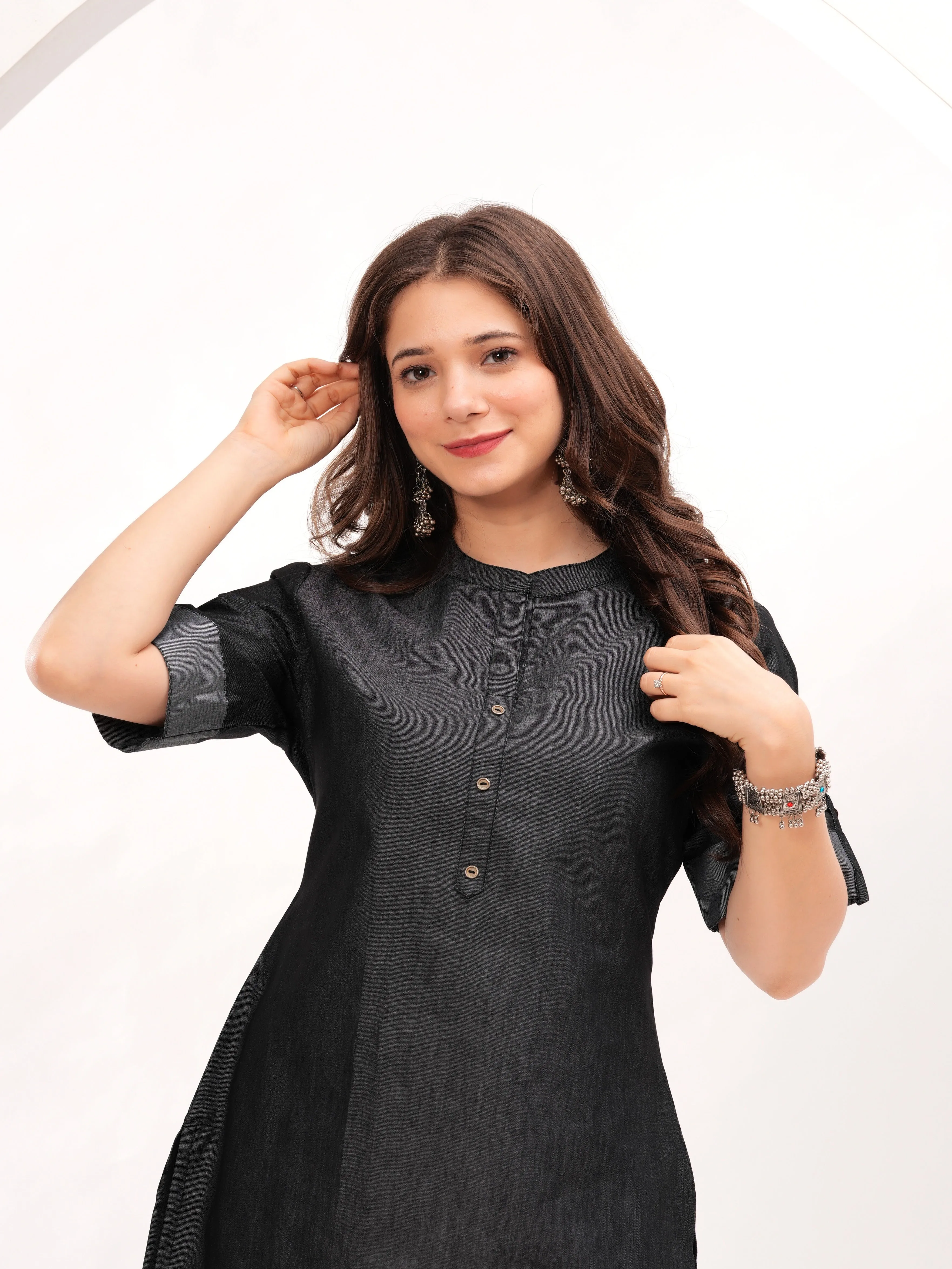 Black Cotton Blend Straight Denim Kurti