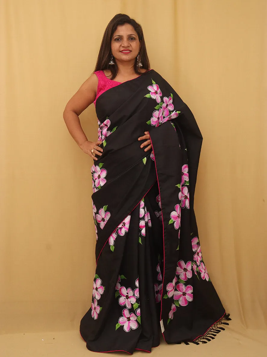 Black Hand Painted Recycled Fabric Saree