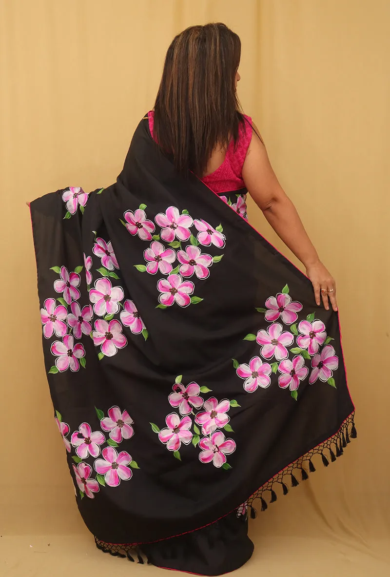 Black Hand Painted Recycled Fabric Saree