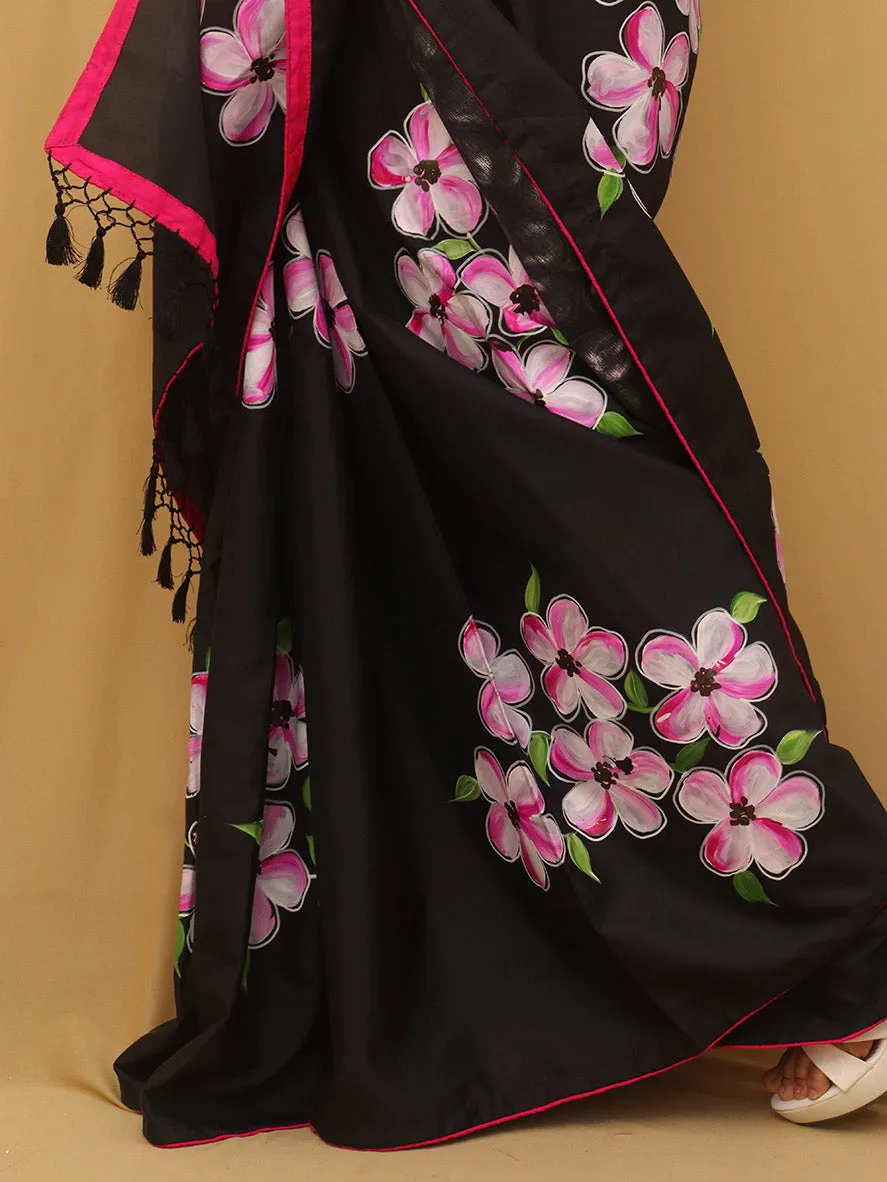 Black Hand Painted Recycled Fabric Saree