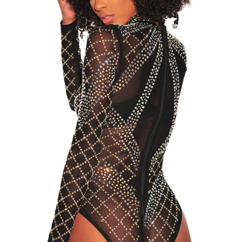 Black Rhinestone Bodysuit,  Studded Long Sleeves Bodysuit,  Sexy Birthday Photoshoot