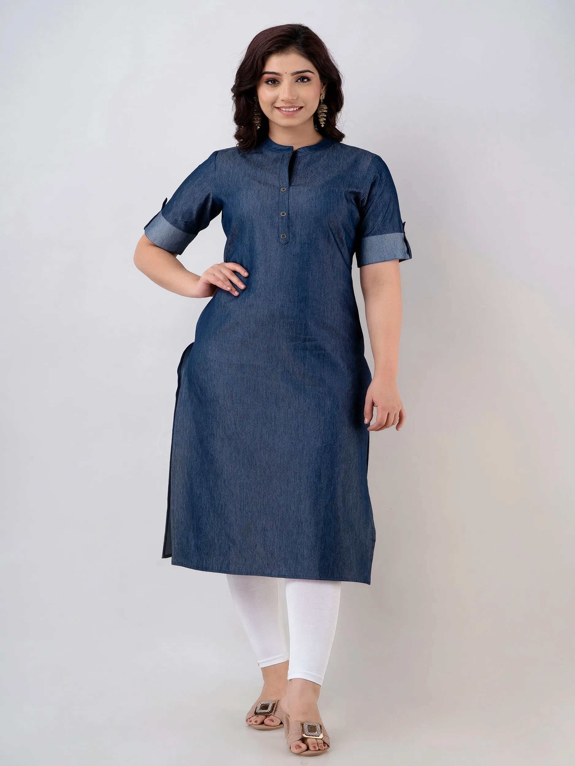 Blue Cotton Blend Straight Denim Kurta