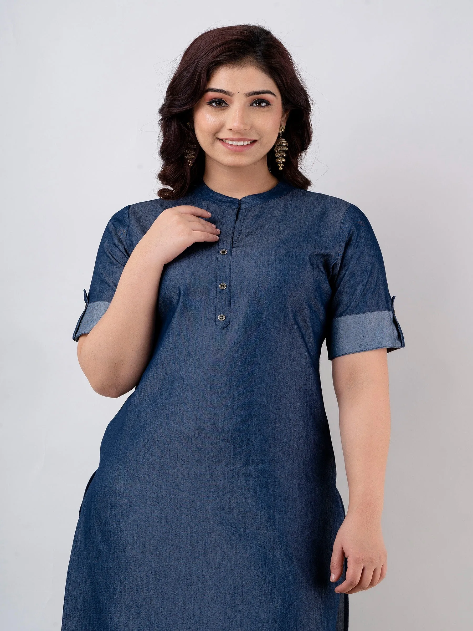 Blue Cotton Blend Straight Denim Kurta