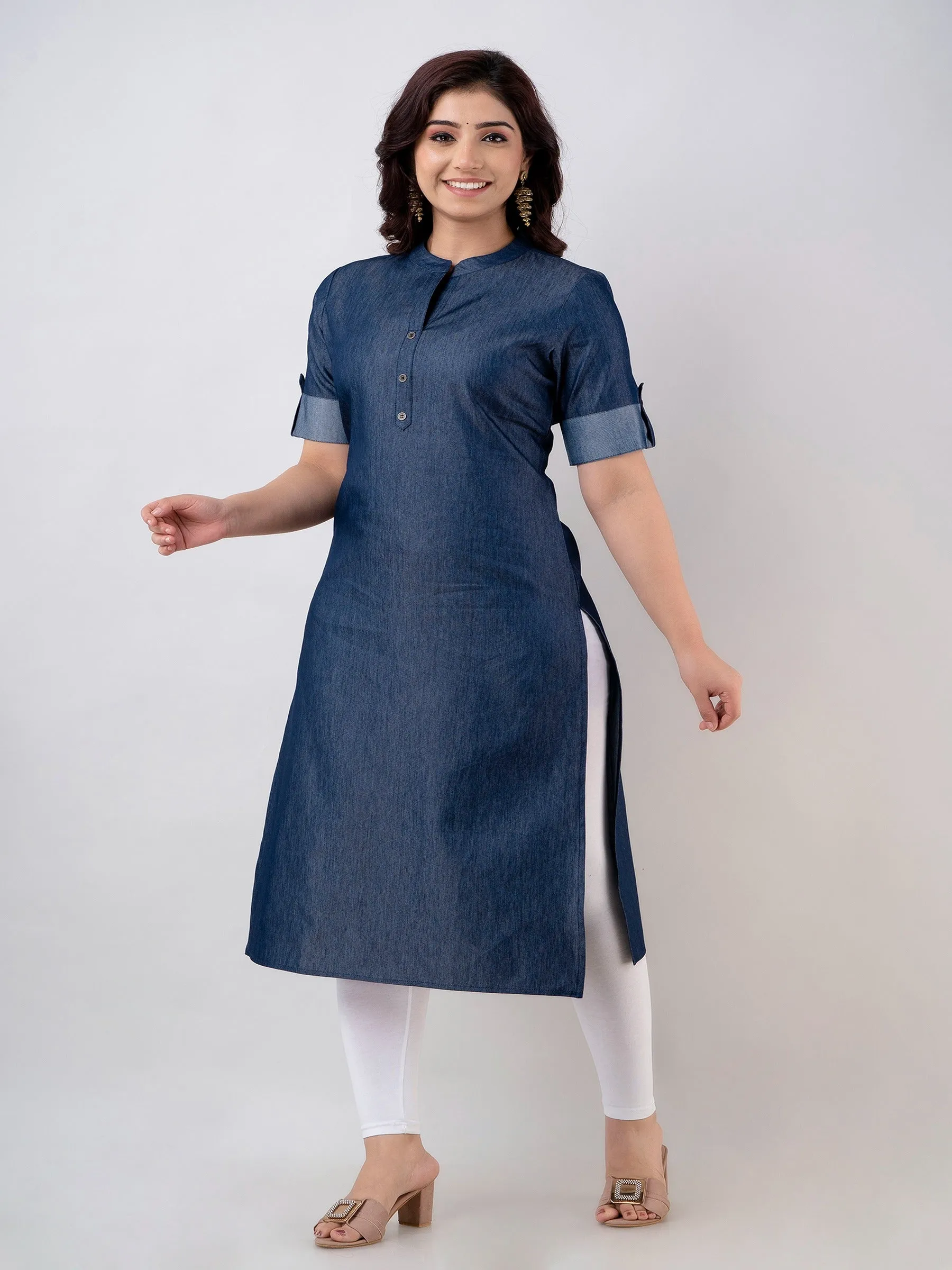 Blue Cotton Blend Straight Denim Kurta