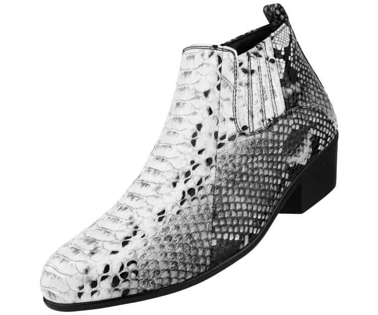 Bolano Adder Men's Black and White Snake Animal Print Leather Ankle Boot