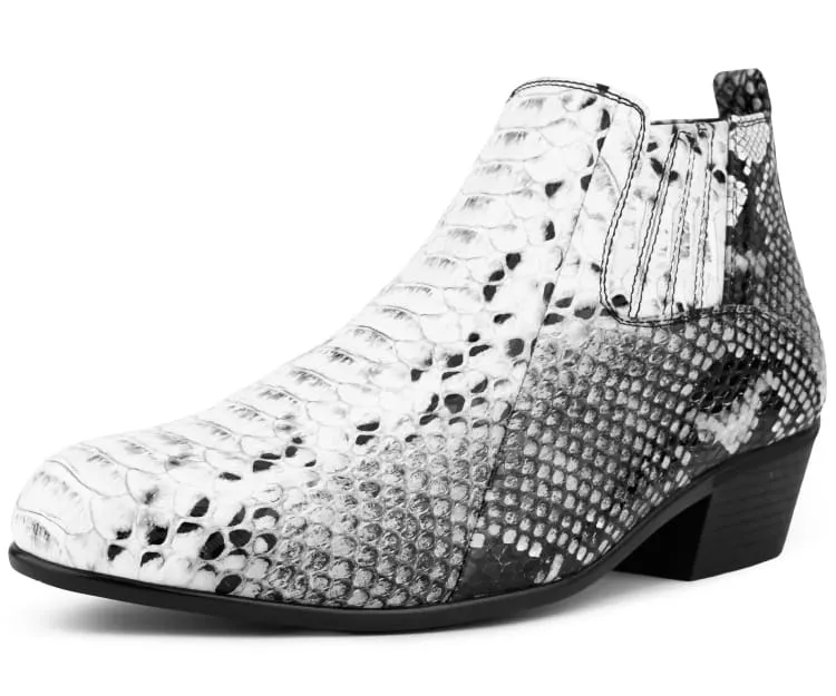 Bolano Adder Men's Black and White Snake Animal Print Leather Ankle Boot