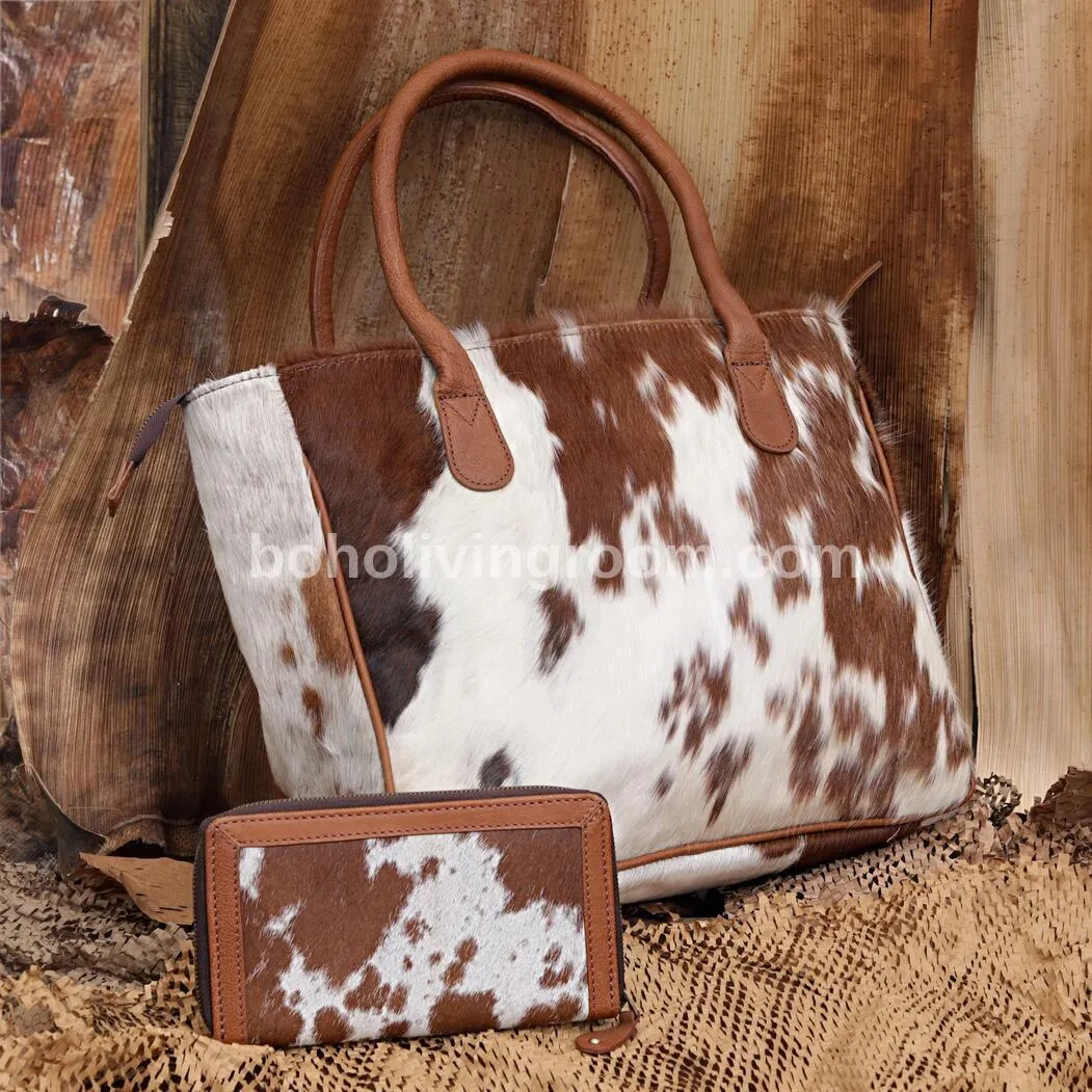 Brown White Cowhide Tote Purse Matching Wallet