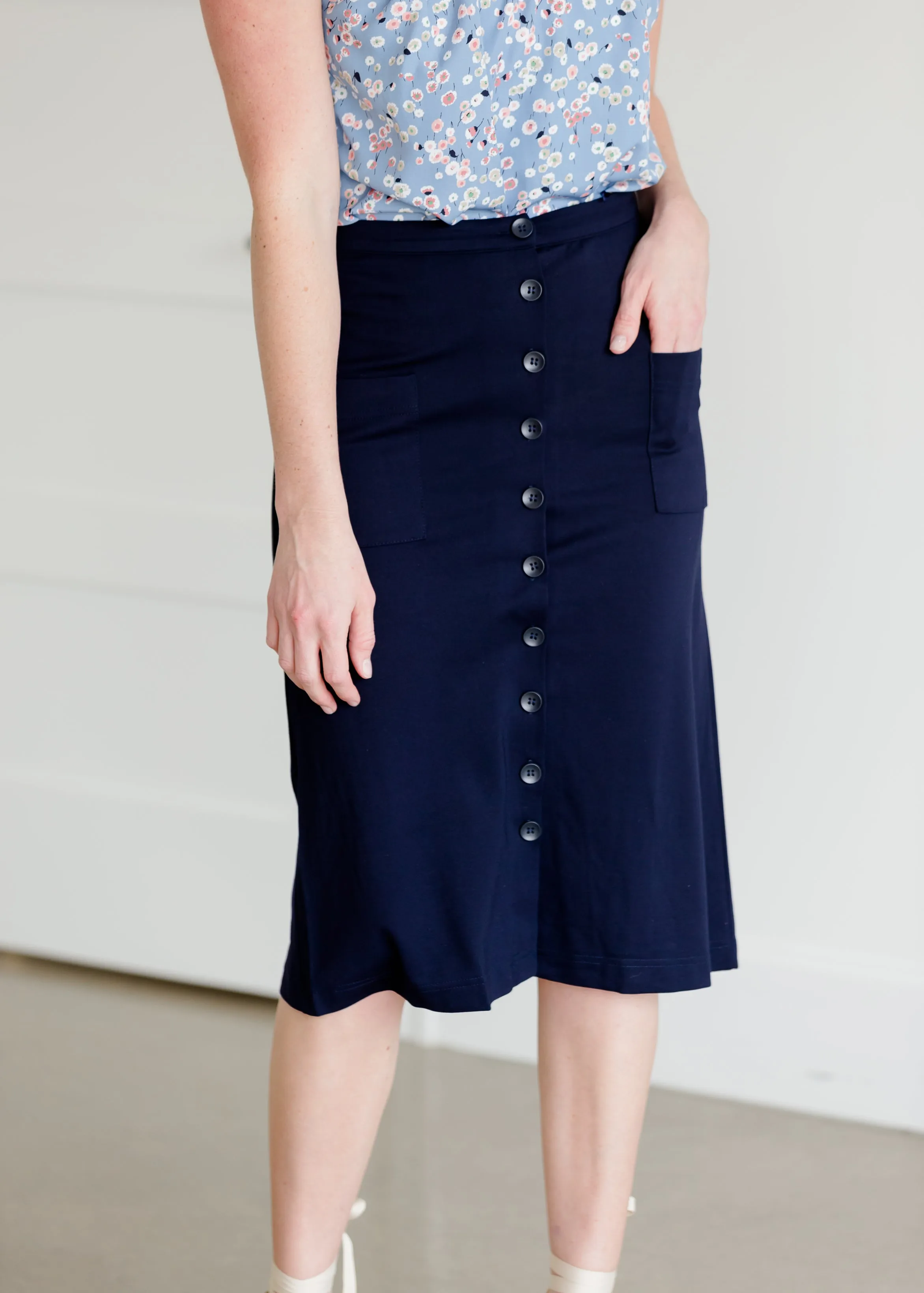 Button Detail Navy Midi Skirt - FINAL SALE