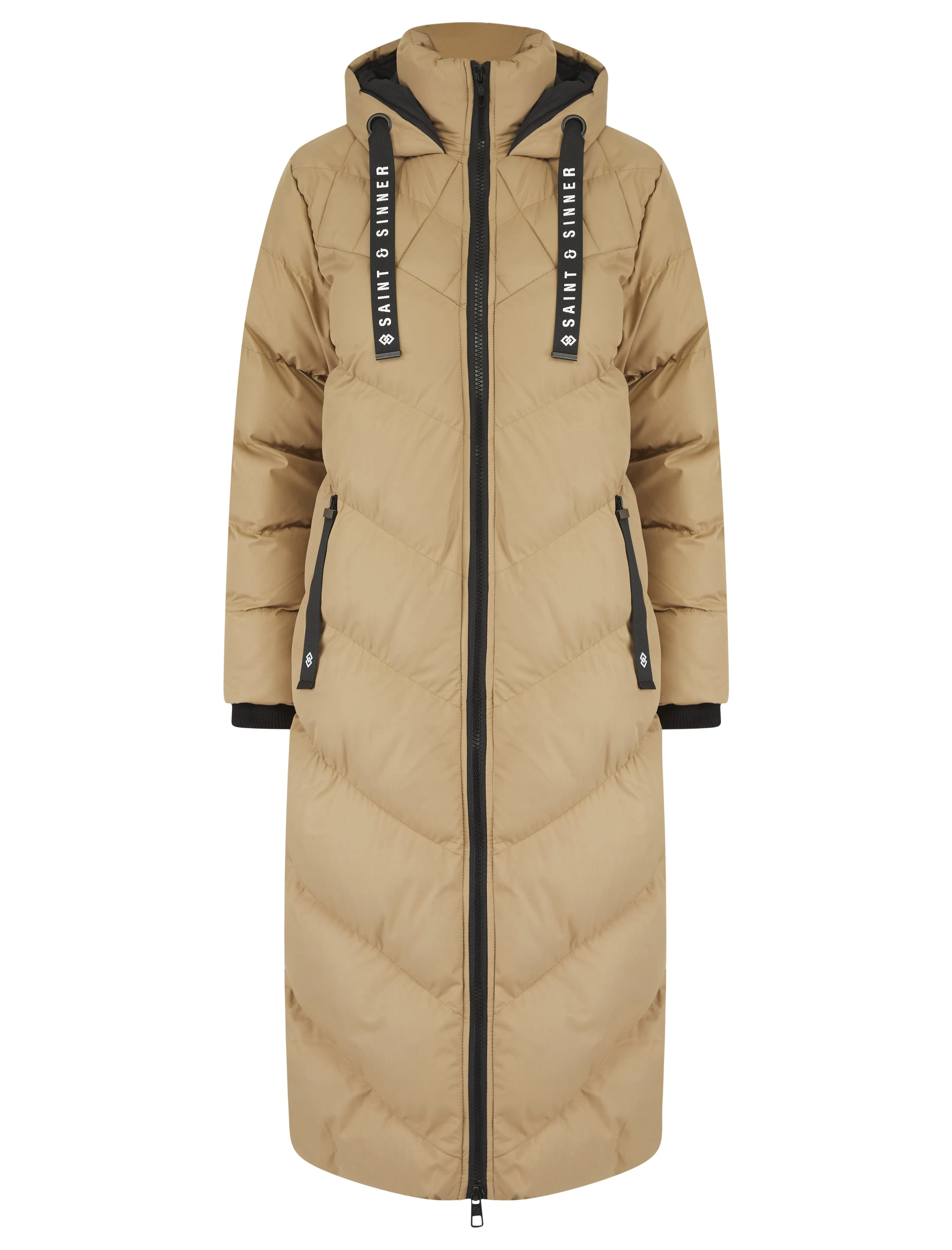 CAMEL HOODED PUFFER COAT WITH ZIP FRONT POCKETS