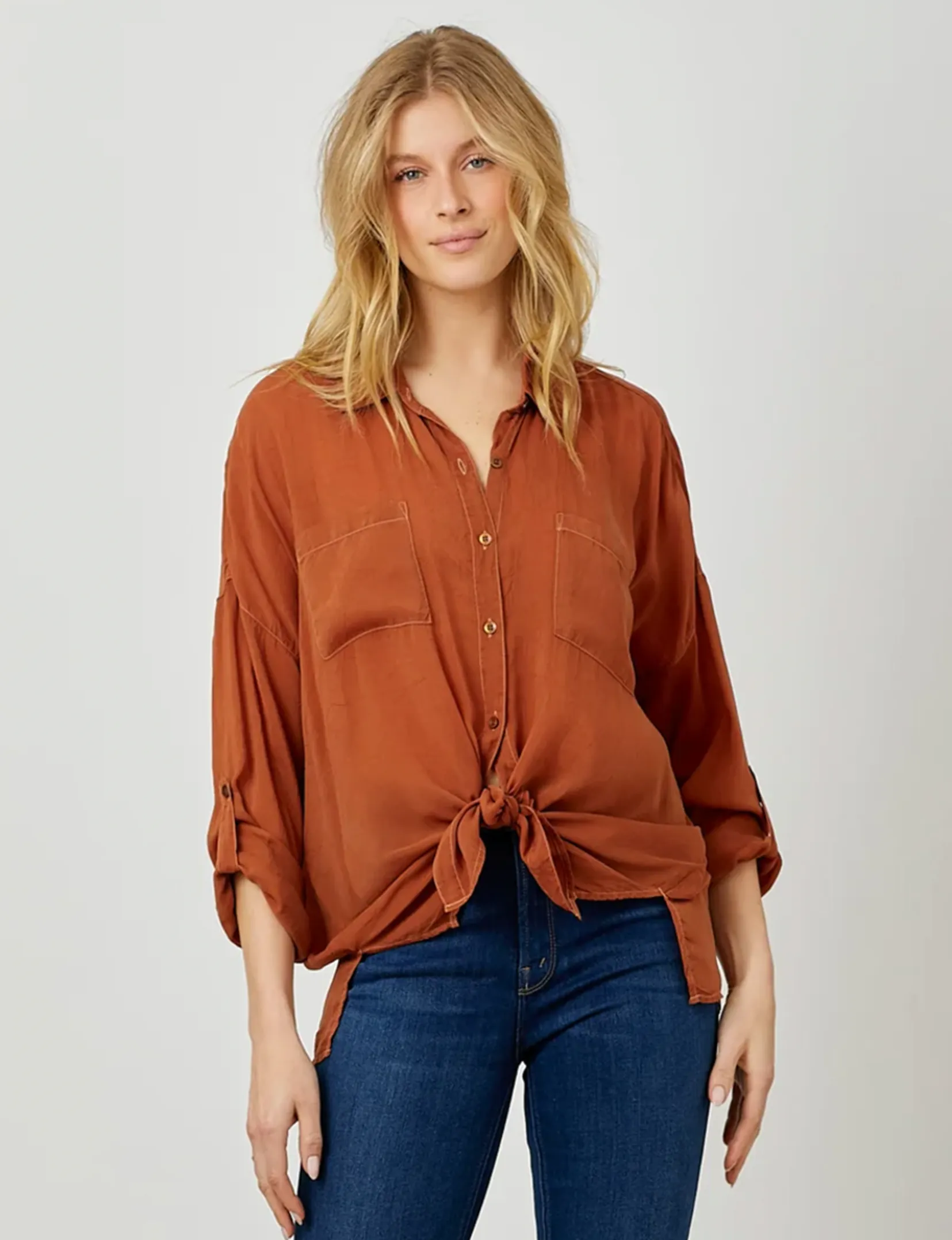 Cargo Button Down Tie Top, Cognac