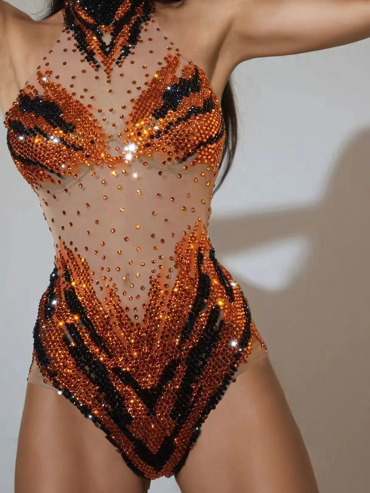 Chrishauna Halterneck Rhinestone Bodysuit In Orange