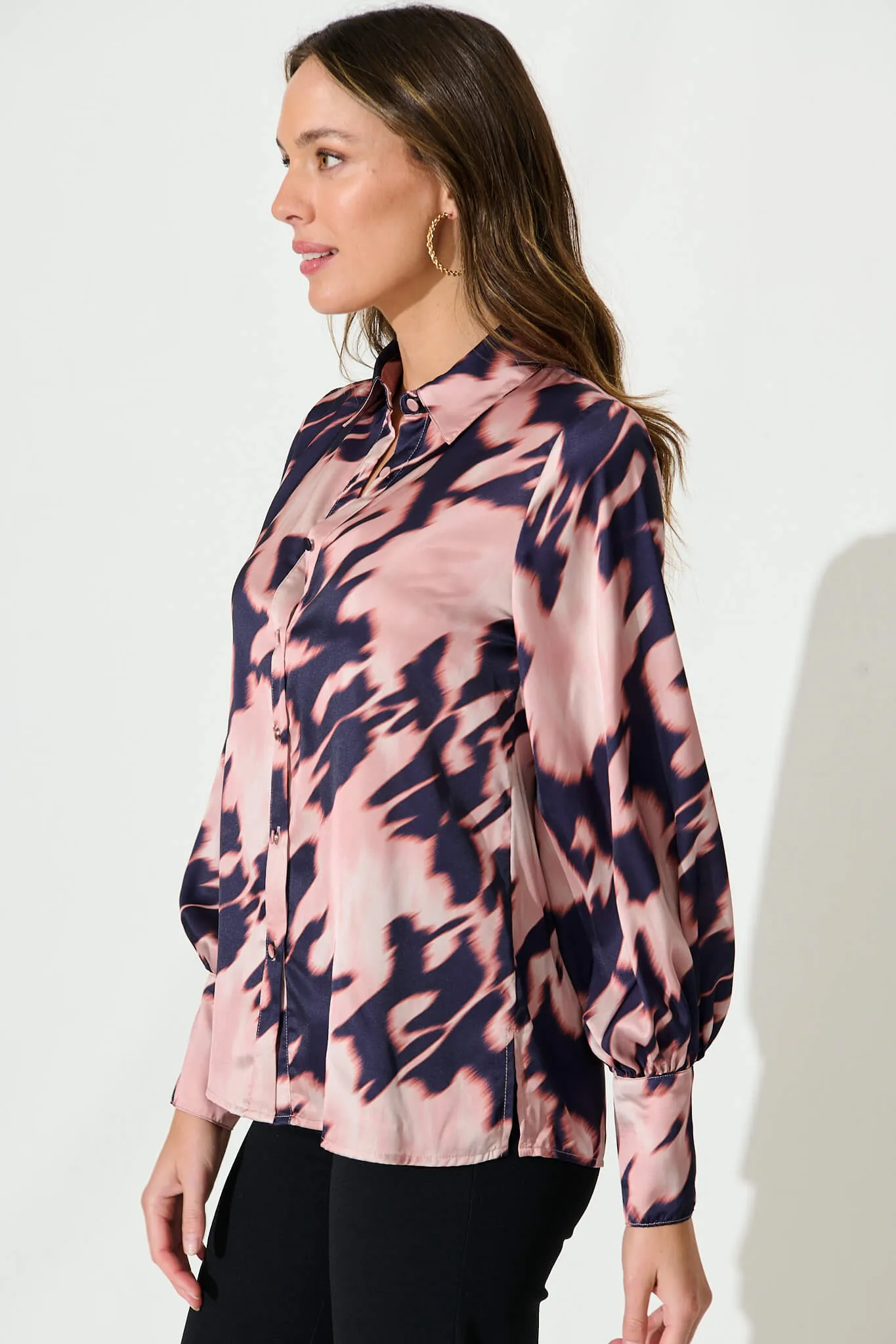 Dayside Shirt In Navy With Champagne Watercolour Satin