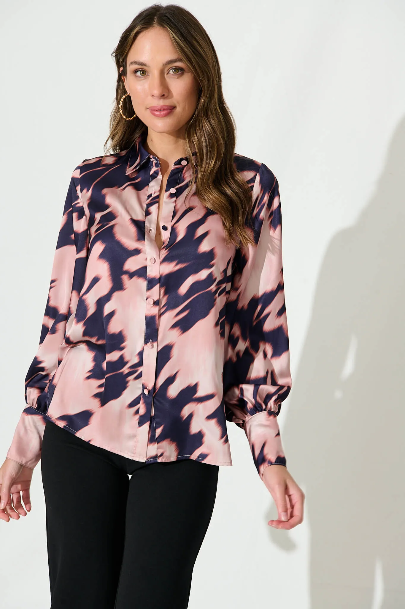 Dayside Shirt In Navy With Champagne Watercolour Satin