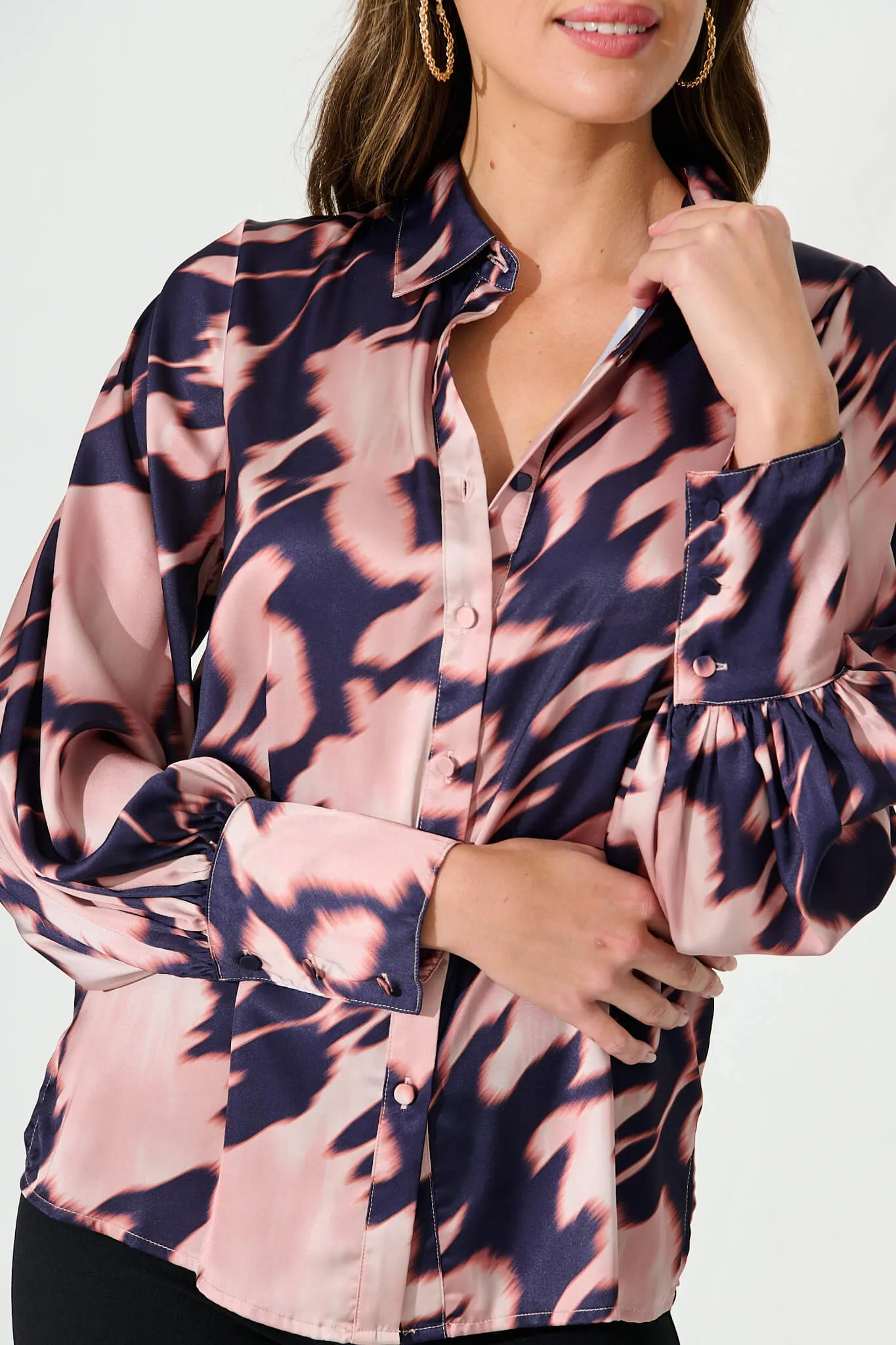 Dayside Shirt In Navy With Champagne Watercolour Satin