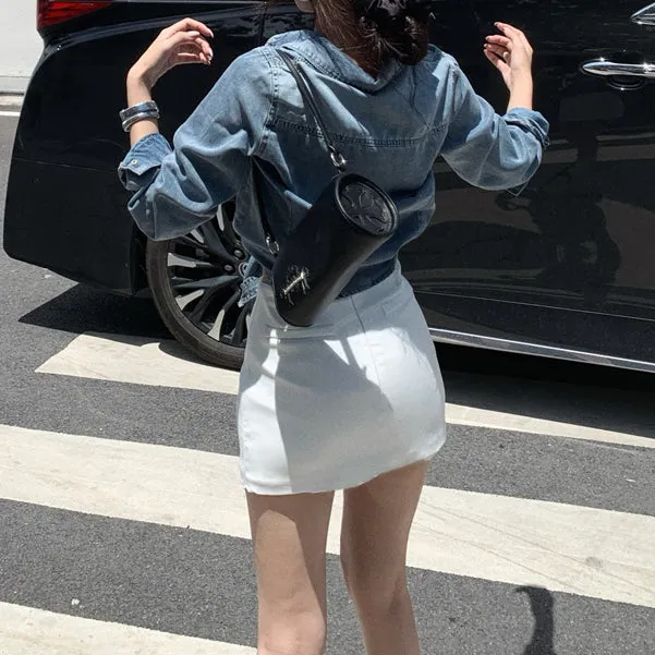 Denim Shirt Retro Coat White Anti-Exposure Culottes Short Skirt