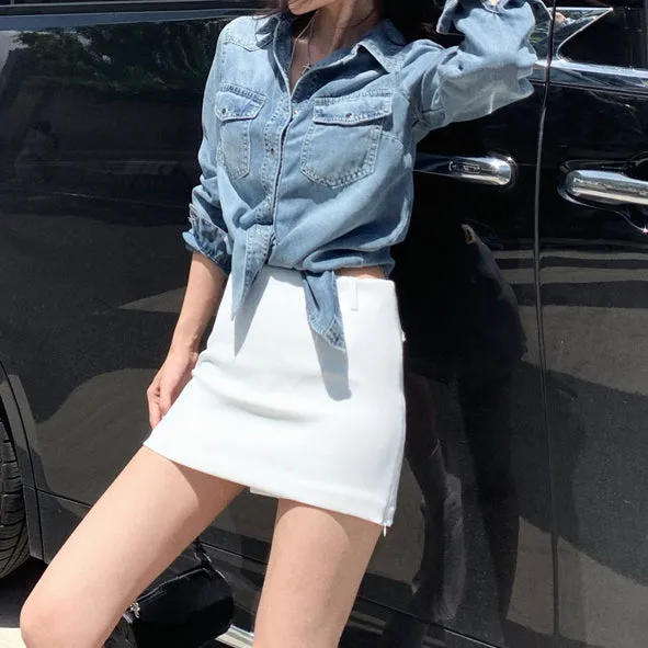 Denim Shirt Retro Coat White Anti-Exposure Culottes Short Skirt