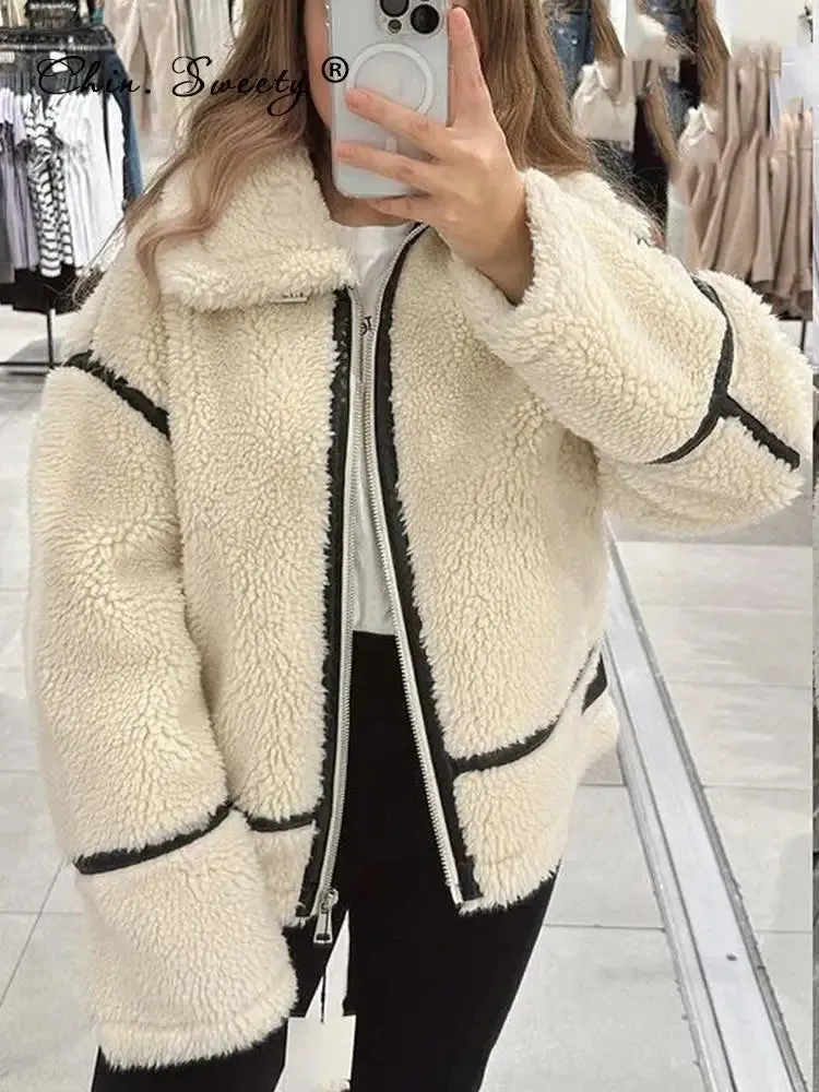 Elegant Winter Wool Fur Jacket Women Motorcycle Teddy Long Sleeve Stand Collar Double Faced Coat Female Winter Bike Streetwear