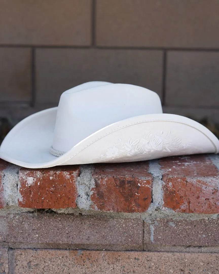 Flower Child Ivory Faux Suede Floral Embroidered Cowboy Hat