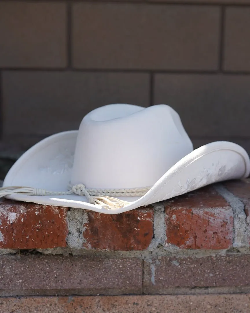 Flower Child Ivory Faux Suede Floral Embroidered Cowboy Hat