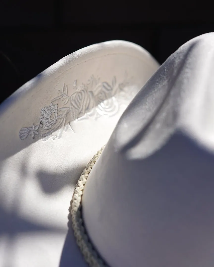 Flower Child Ivory Faux Suede Floral Embroidered Cowboy Hat