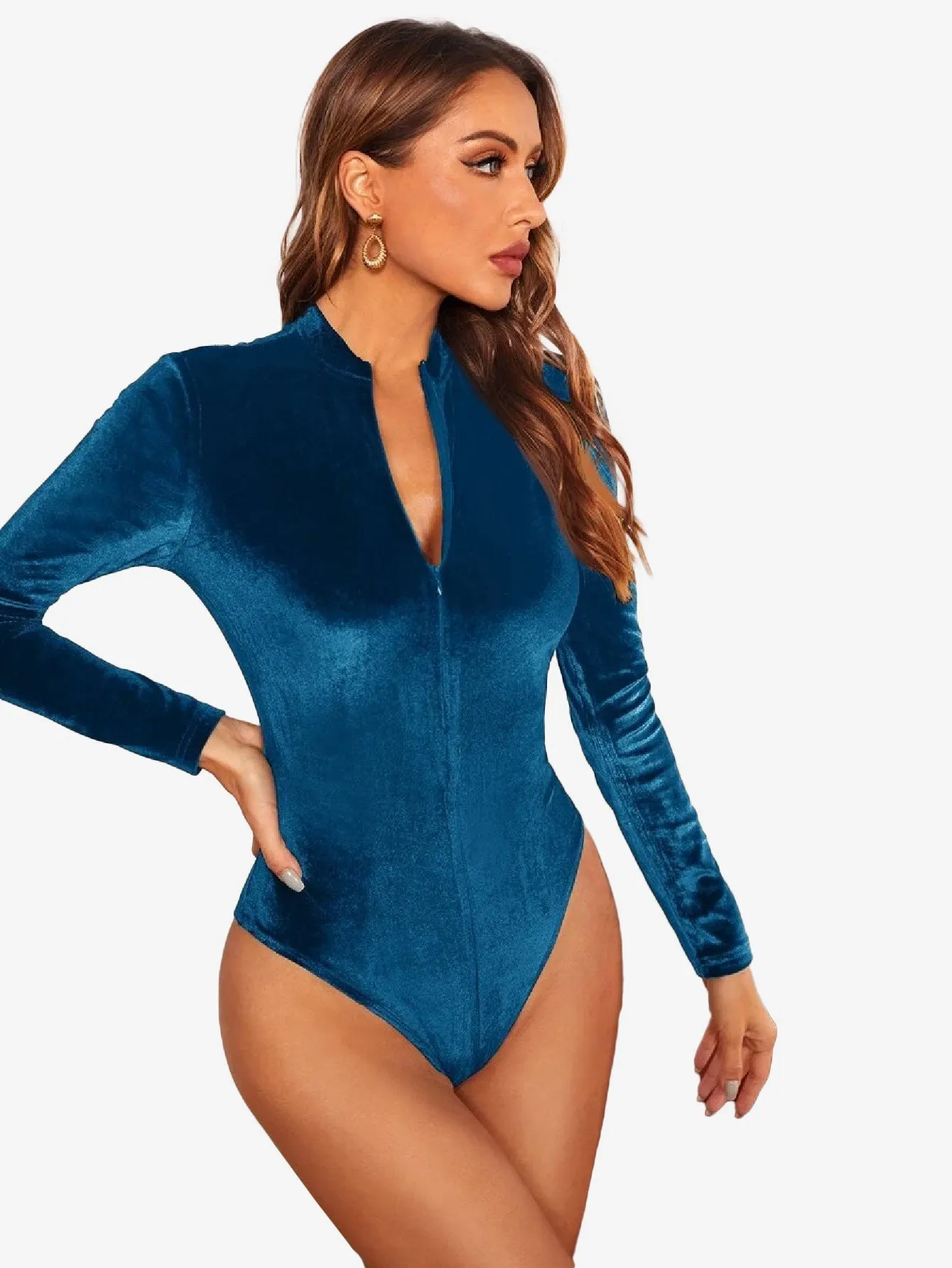 Glamorous Solid Zipper Slim Fit Velvet Bodysuit