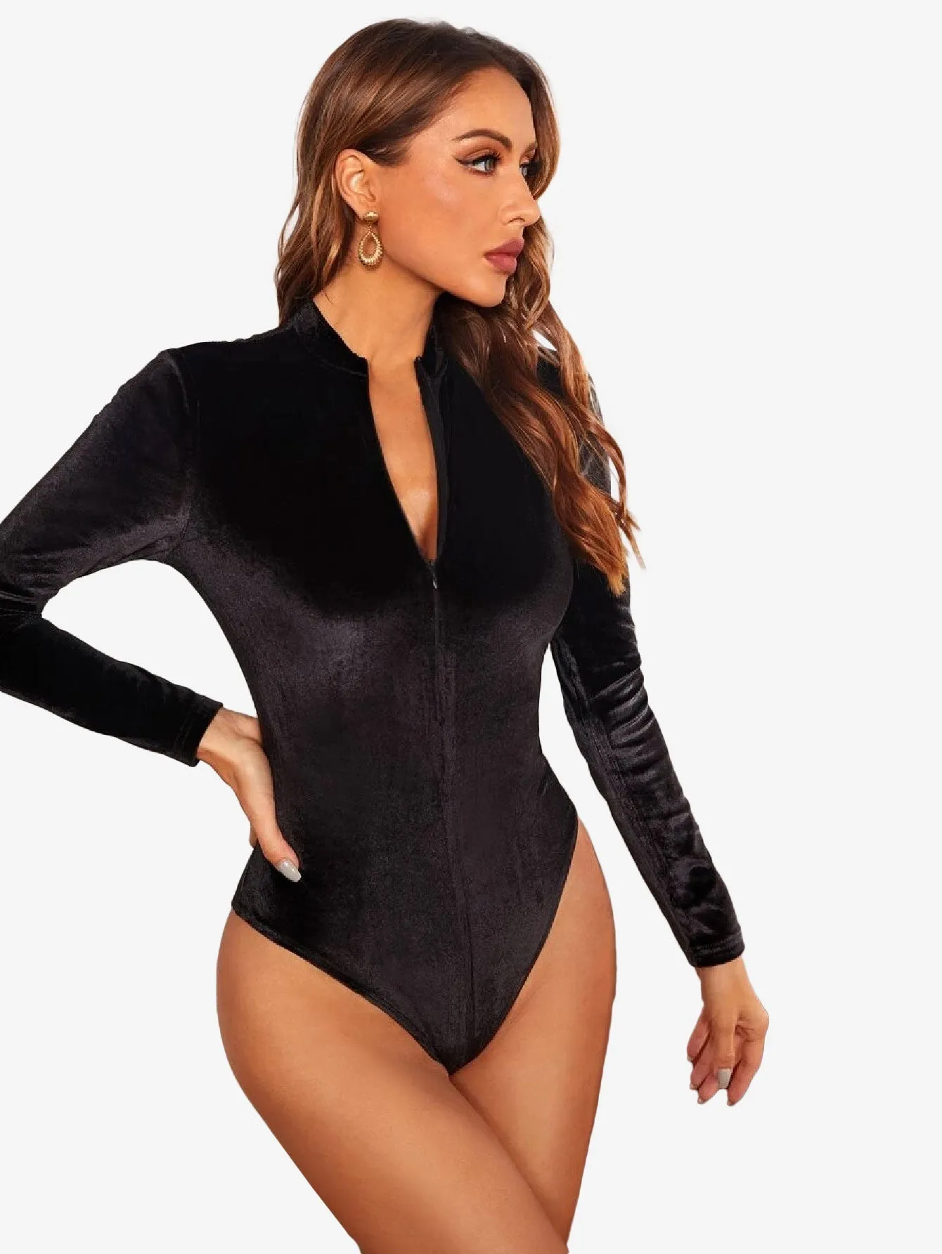 Glamorous Solid Zipper Slim Fit Velvet Bodysuit