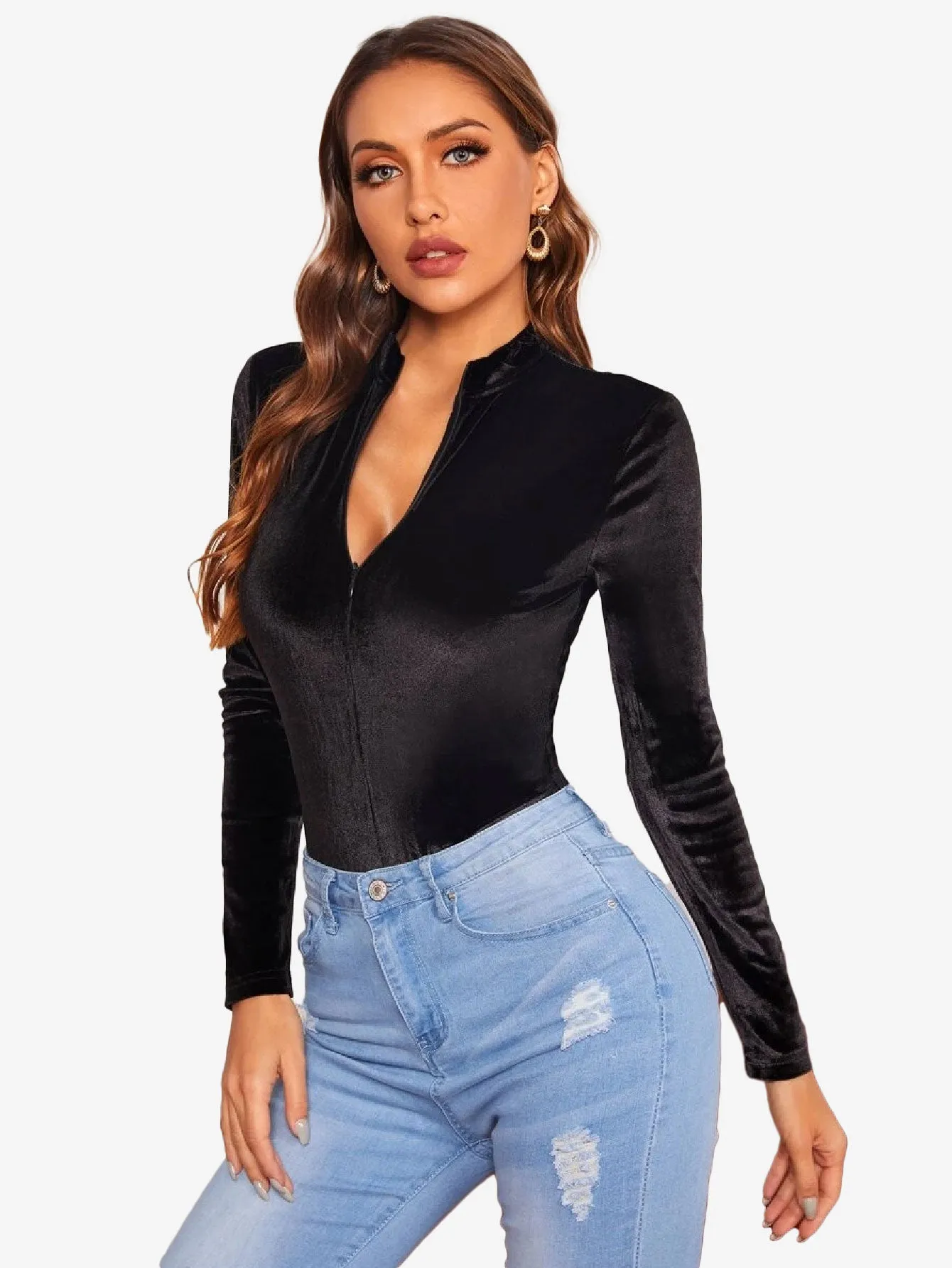 Glamorous Solid Zipper Slim Fit Velvet Bodysuit