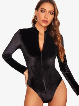 Glamorous Solid Zipper Slim Fit Velvet Bodysuit