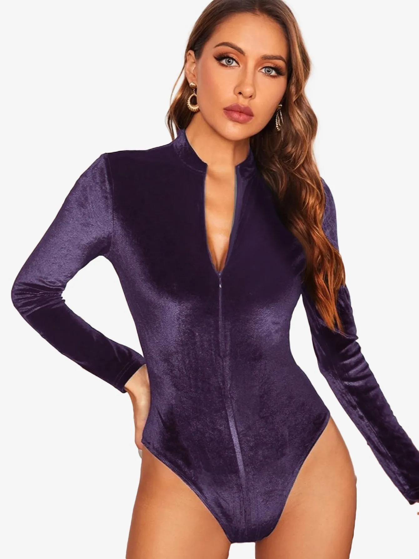 Glamorous Solid Zipper Slim Fit Velvet Bodysuit