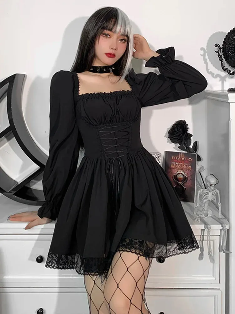 Gothic Spaghetti Strap Lace Satin Slip Vintage Square Collar Mini Dress