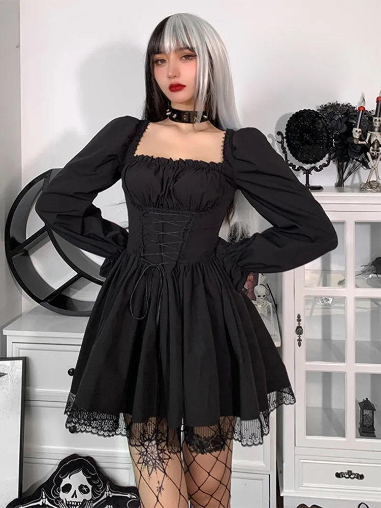 Gothic Spaghetti Strap Lace Satin Slip Vintage Square Collar Mini Dress