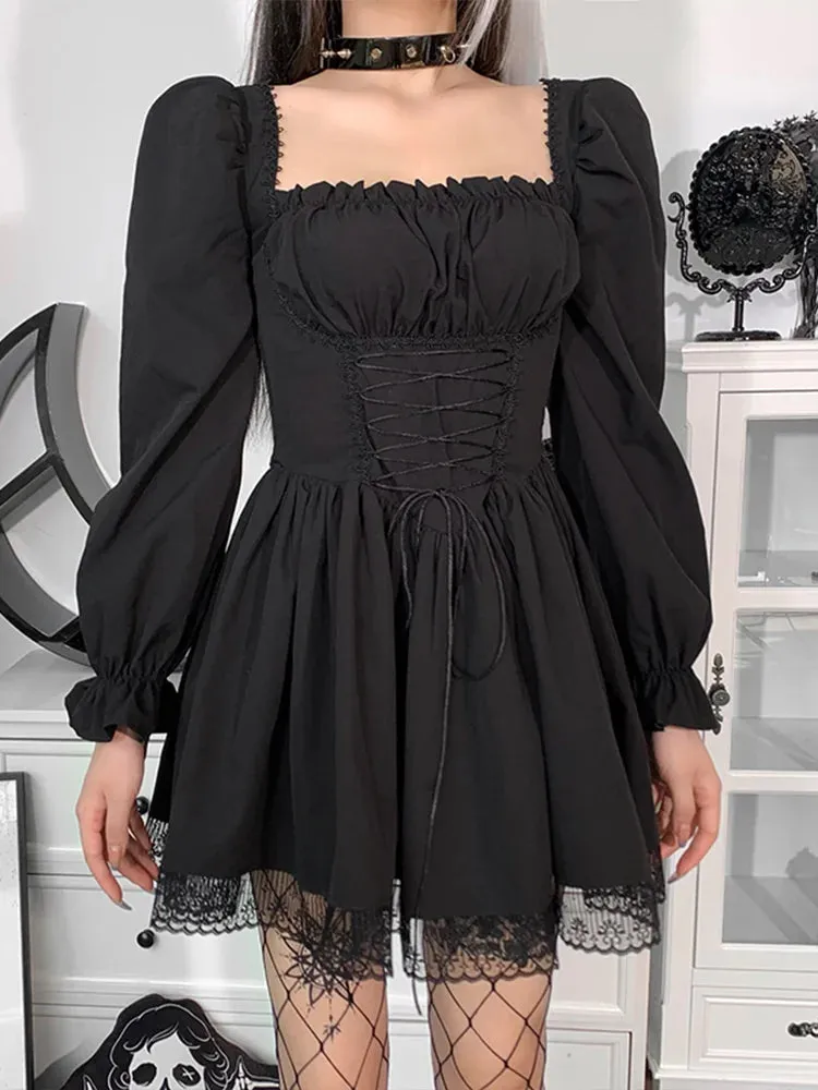 Gothic Spaghetti Strap Lace Satin Slip Vintage Square Collar Mini Dress