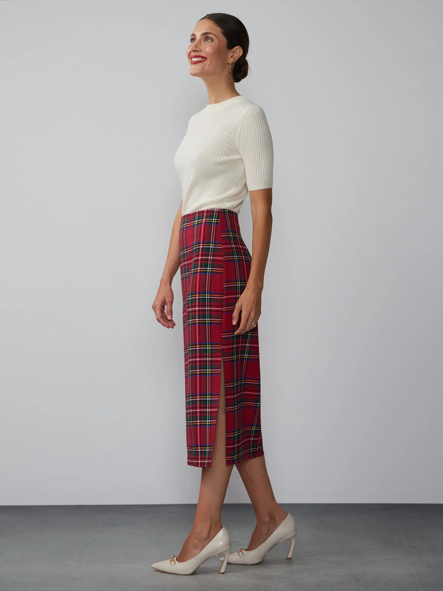 High Rise Plaid Pencil Midi Skirt