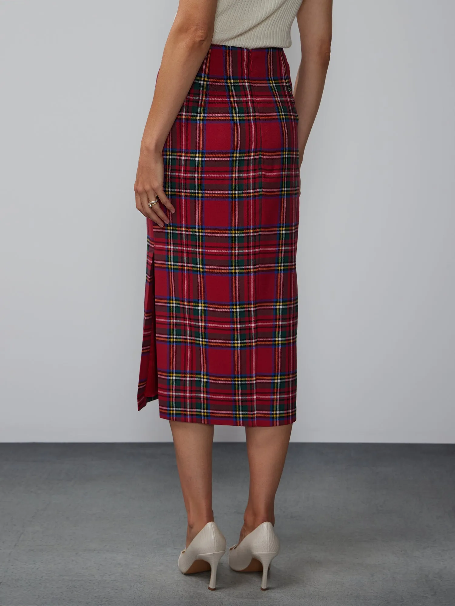 High Rise Plaid Pencil Midi Skirt