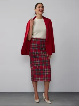 High Rise Plaid Pencil Midi Skirt