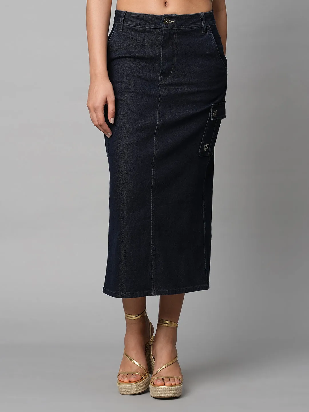 Indigo Denim Cargo Pocket Pencil Skirt