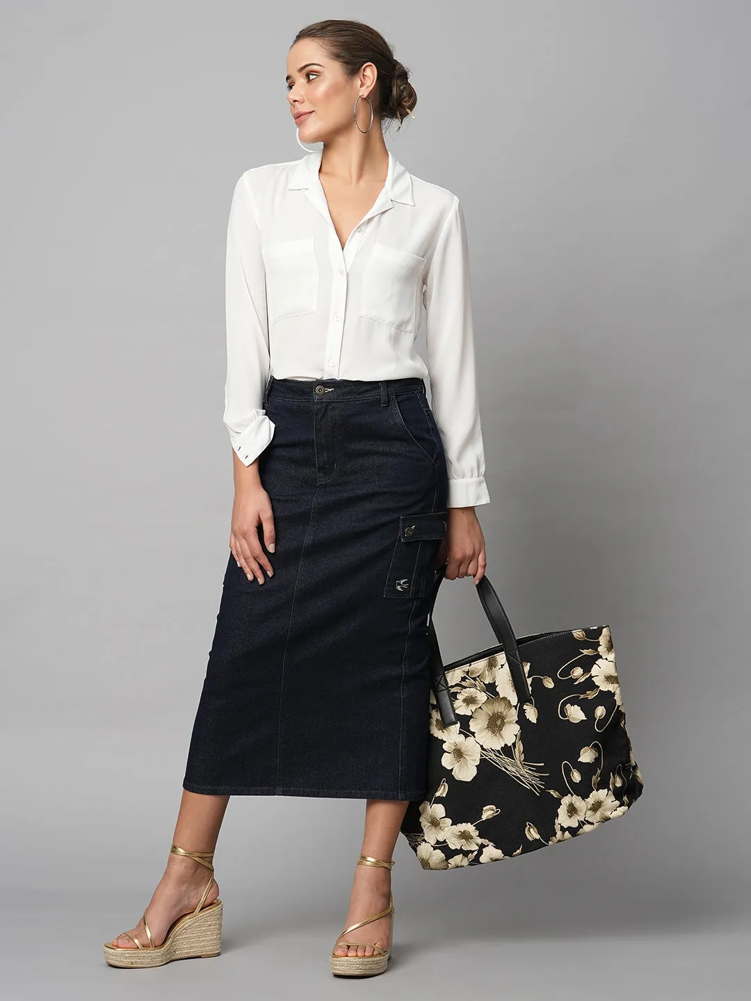 Indigo Denim Cargo Pocket Pencil Skirt