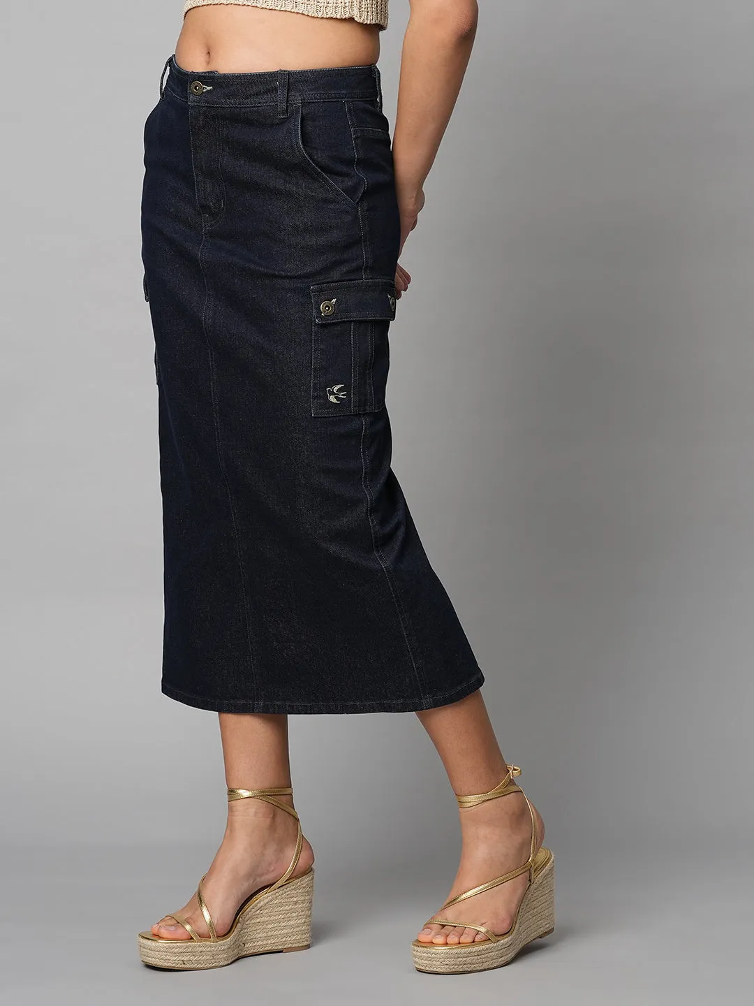 Indigo Denim Cargo Pocket Pencil Skirt