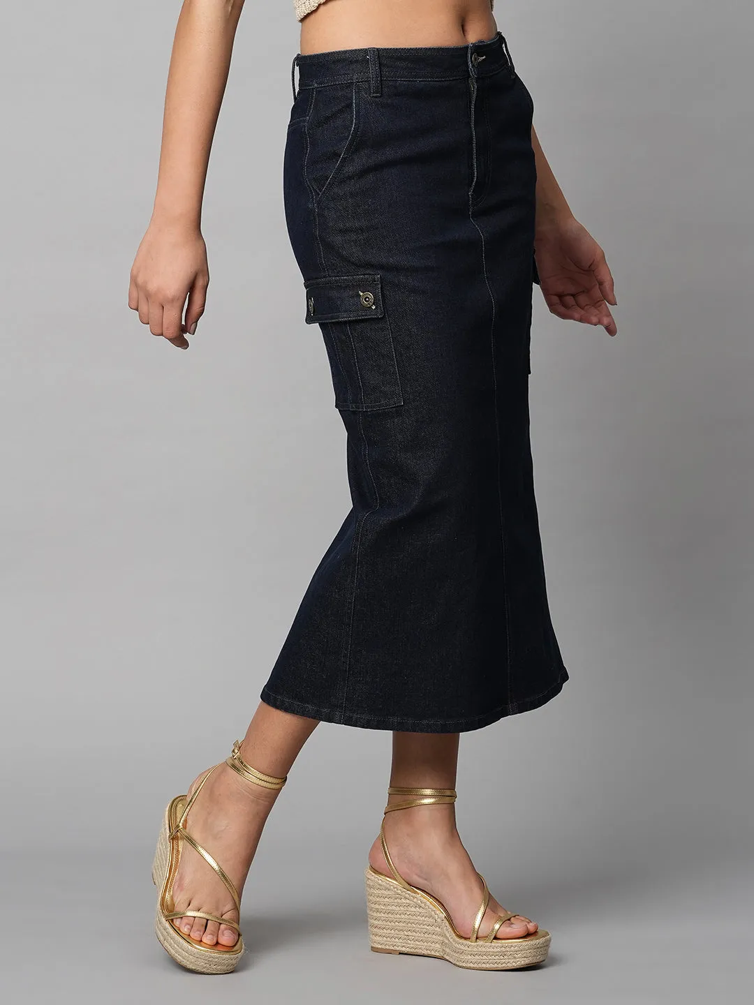 Indigo Denim Cargo Pocket Pencil Skirt