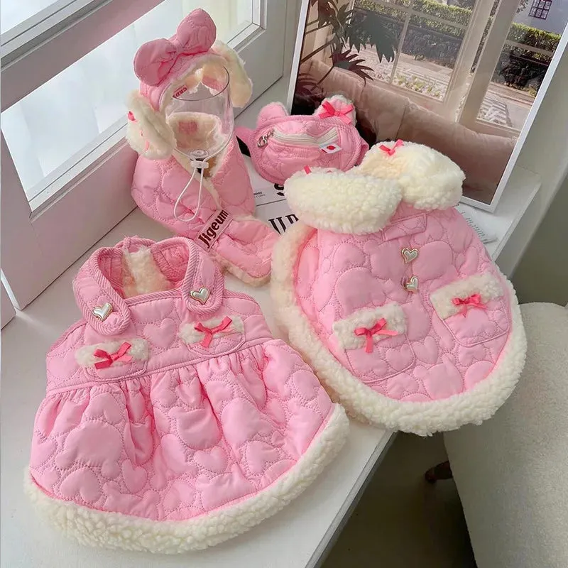 Korean Dog Clothes Kawaii Princess Dress Pink Pet Thickened Cotton Coat Puppy Sling Dress Winter Dog Warm Clothing