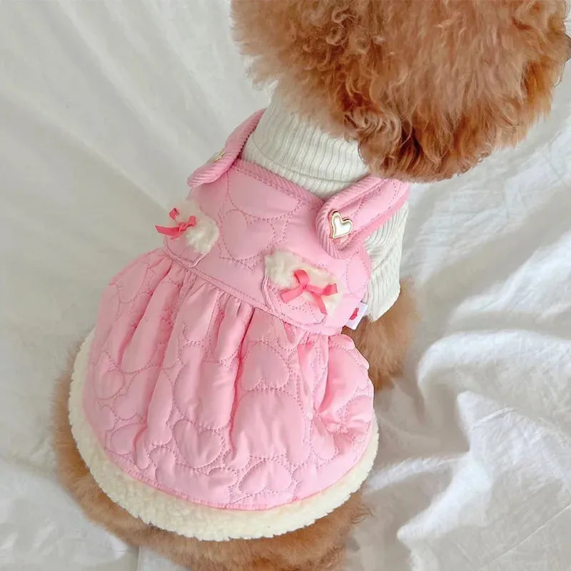 Korean Dog Clothes Kawaii Princess Dress Pink Pet Thickened Cotton Coat Puppy Sling Dress Winter Dog Warm Clothing